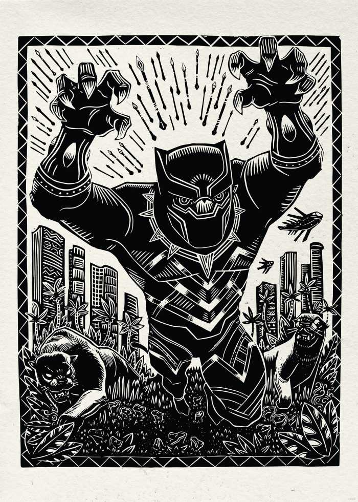 Affiche d'art Marvel Black Panther Lino-Cut Charge