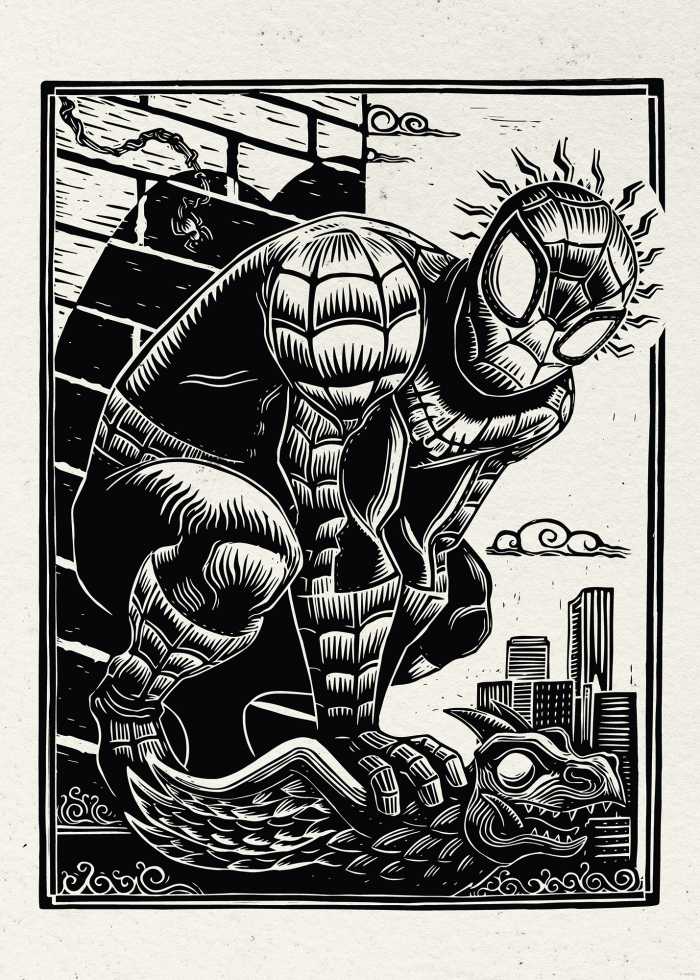 Affiche d'art Marvel Spider-Man Lino-Cut