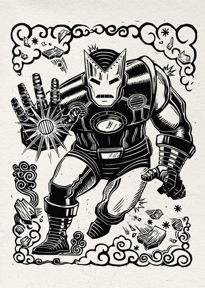 Affiche d'art Marvel Iron Man Lino-Cut