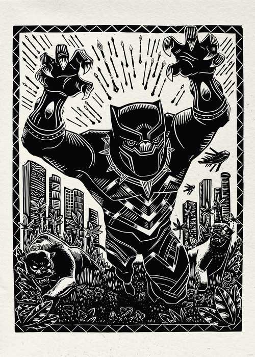 Poster d'art Marvel Black Panther Lino-Cut Charge